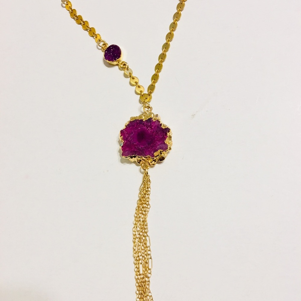 Druzy stone necklace with gold cover chain